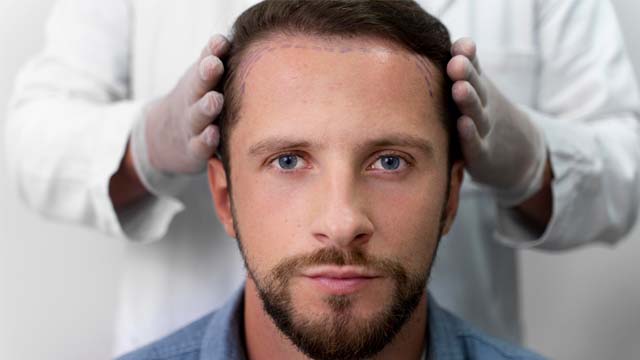 a picture of a man looking at you being assessed for a hair transplant.